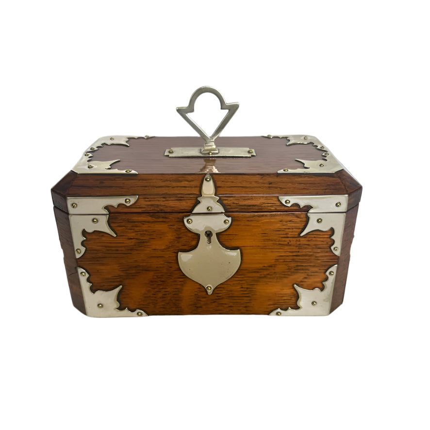 Antique English Oak & Silver-Plated Double Compartment Tea Caddy