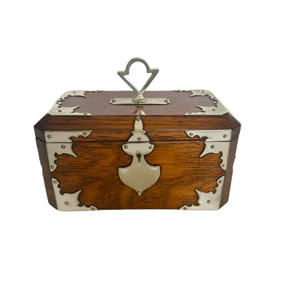 Antique English Oak & Silver-Plated Double Compartment Tea Caddy