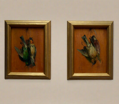 Pair of French “Art Mort” Oil Studies – 1920s Trompe-l’Œil Bird Paintings on Wood Panel, Signed F.S.