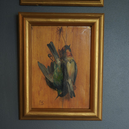Pair of French “Art Mort” Oil Studies – 1920s Trompe-l’Œil Bird Paintings on Wood Panel, Signed F.S.