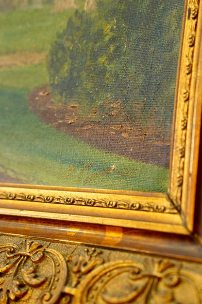 Antique Oil Painting Brussels Park Garden Scene