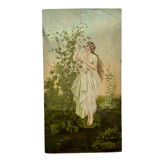 Vintage-style painting of a woman in a garden on a textured surface
