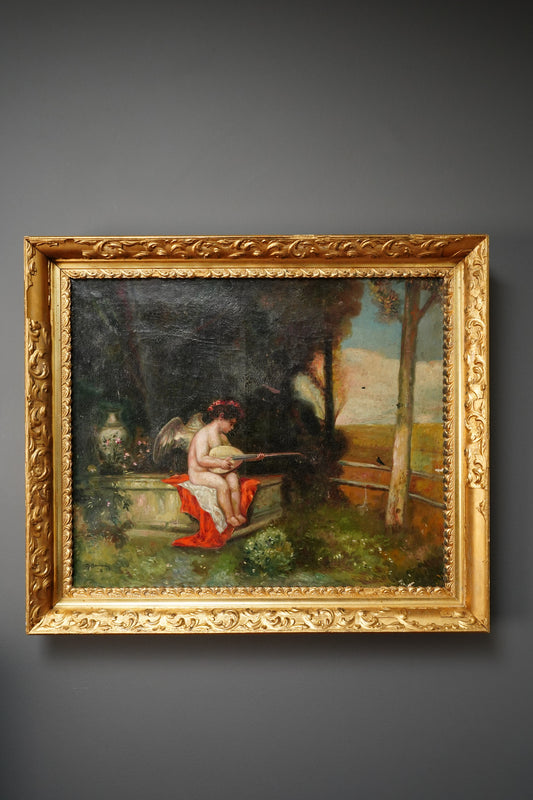 Antique Putti Oil Painting with Lute, Signed Baumann, Classical Garden Scene