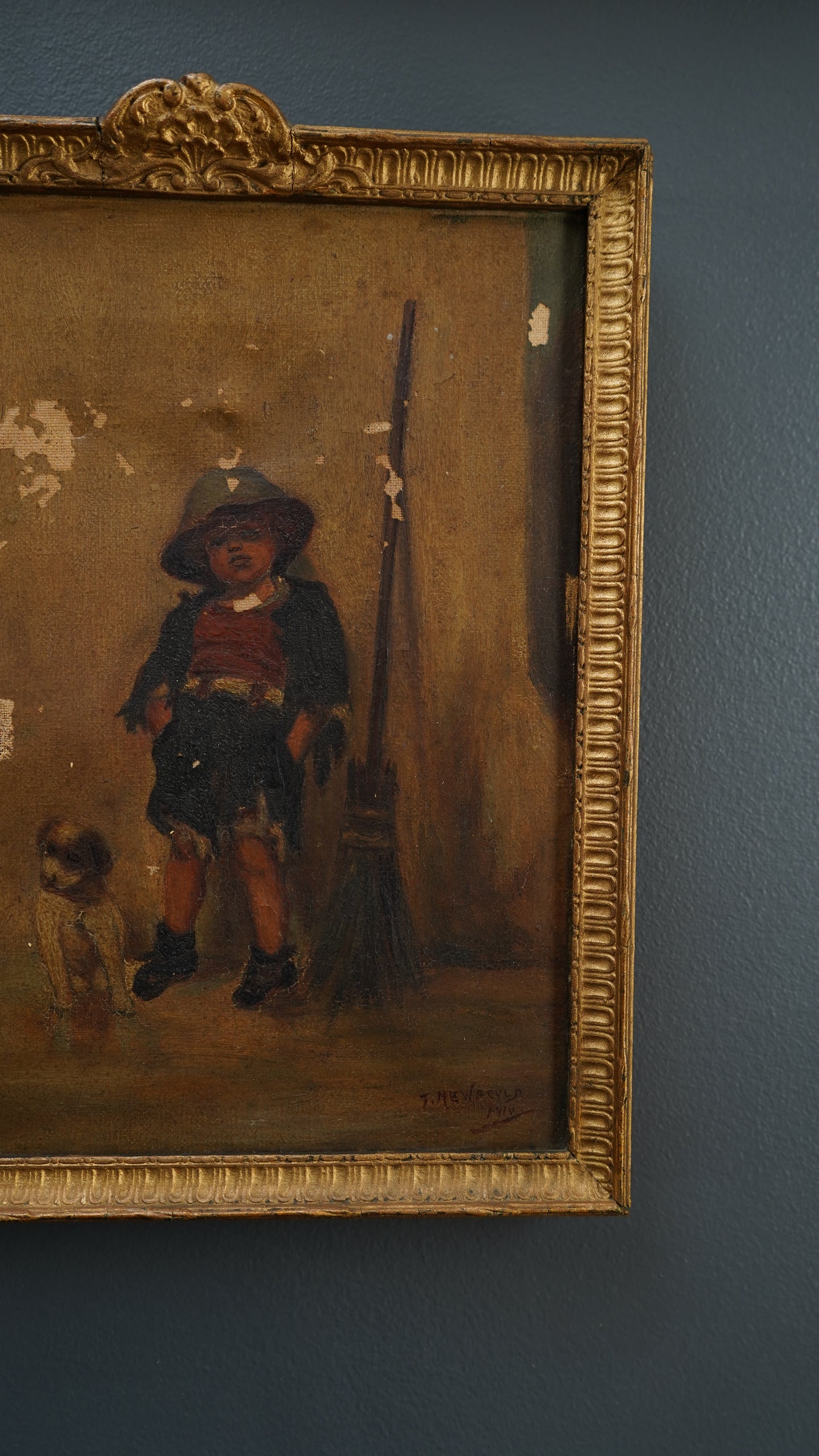 British School Oil Painting of Street Sweeper Boy with Dog, c. 1890–1915