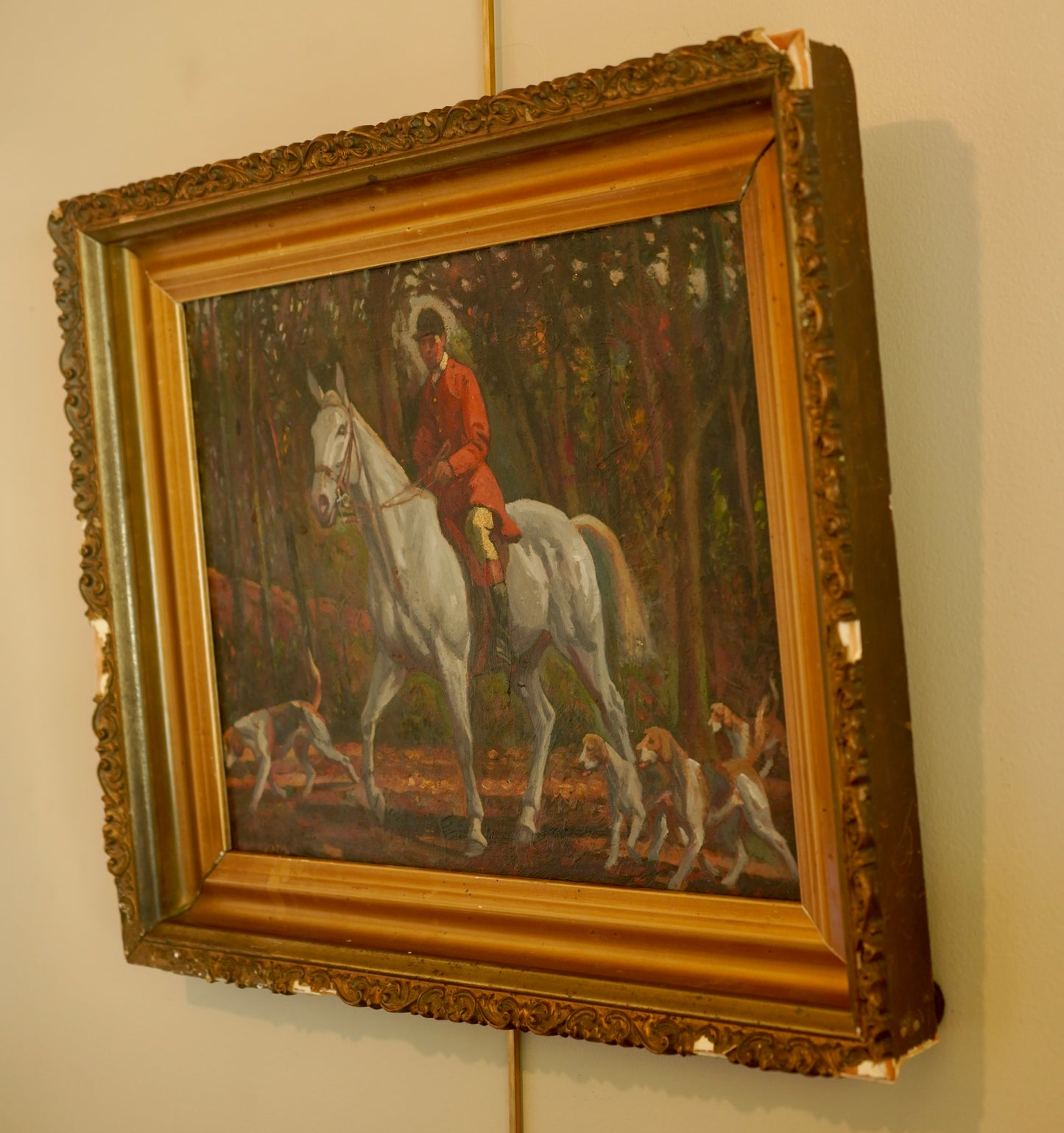 “Fox Hunt” Original British Sporting Art by Geoffrey Mortimer (1895–1986) – Mid 20th-Century British Equestrian Oil Painting in Antique Gilt Frame