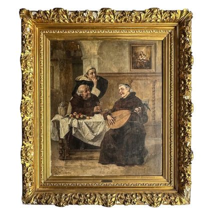 Late 1800s Monk Oil Painting Attributed to Heinrich Weber (1843-1913) in Ornate Gilded Frame