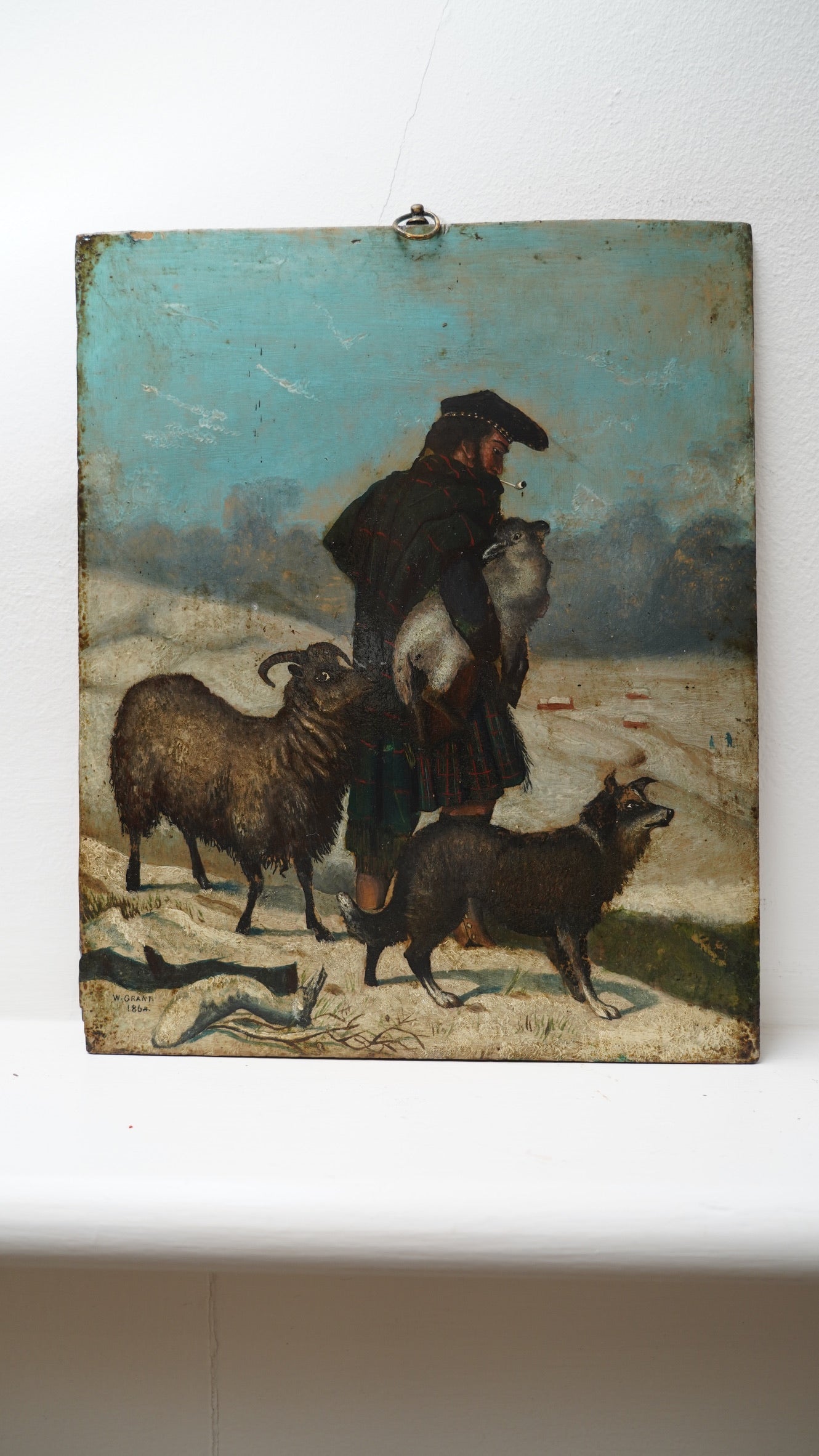 Pair of Scottish Highland Shepherd Oil Paintings on Panel, Signed W. Grant, 1864