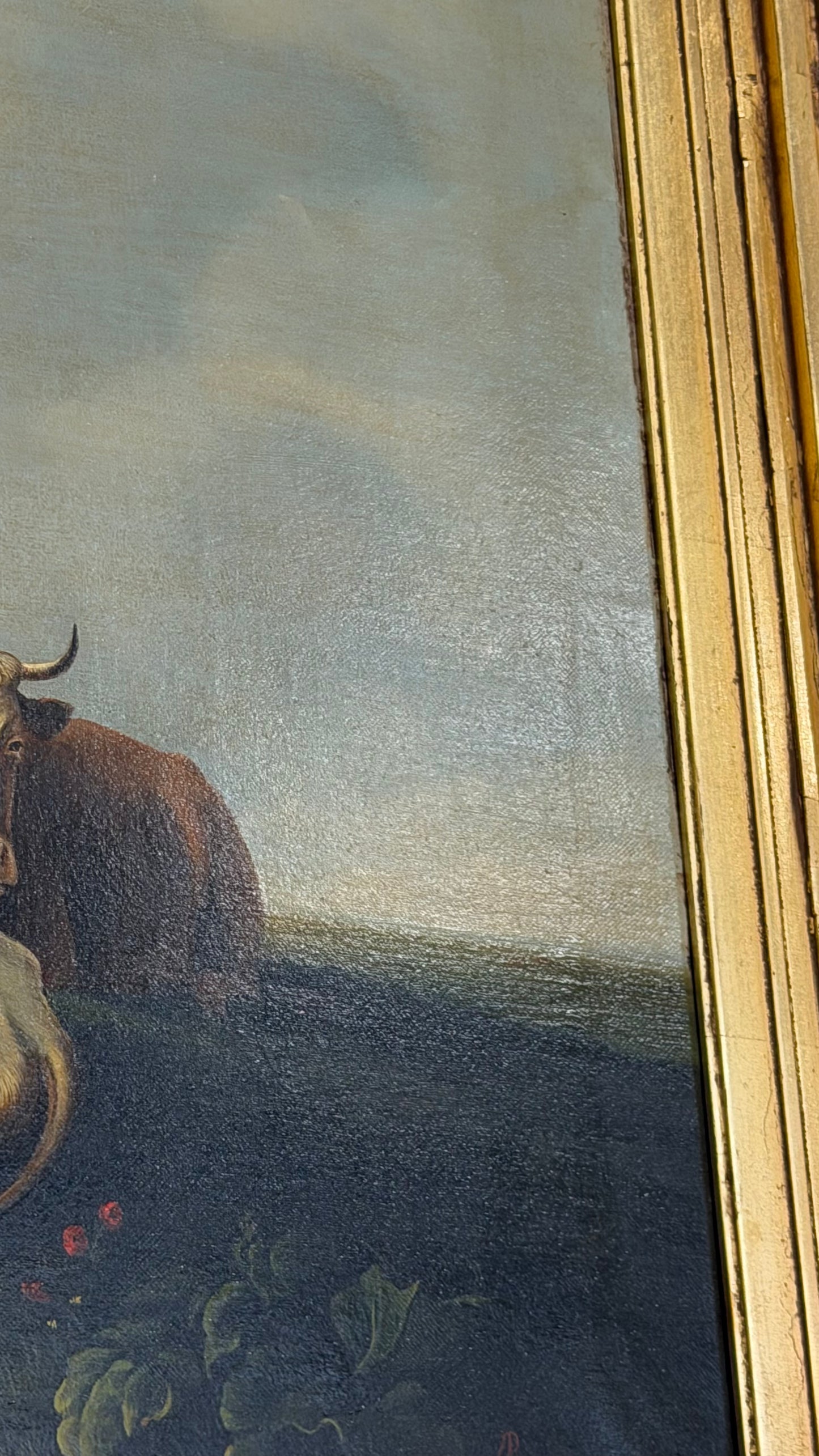 Antique Signed Dutch Oil Painting of Cows and Sheep in Meadow