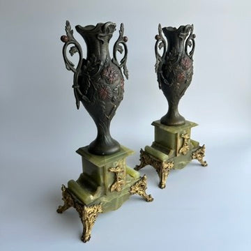 ^ Pair of Antique French Neoclassical Spelter and Onyx Urns with Gilt Brass Accents