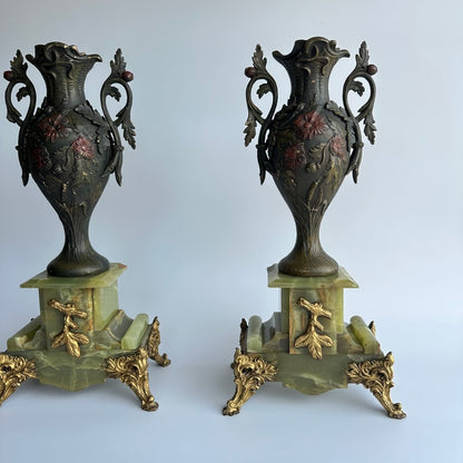 ^ Pair of Antique French Neoclassical Spelter and Onyx Urns with Gilt Brass Accents