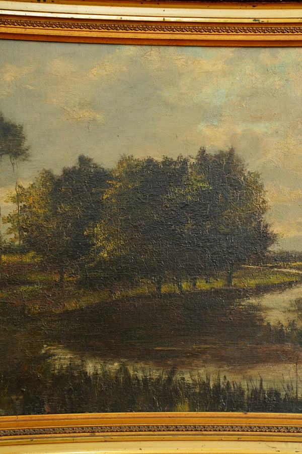 Antique European Moody River Landscape Oil Painting secondary view
