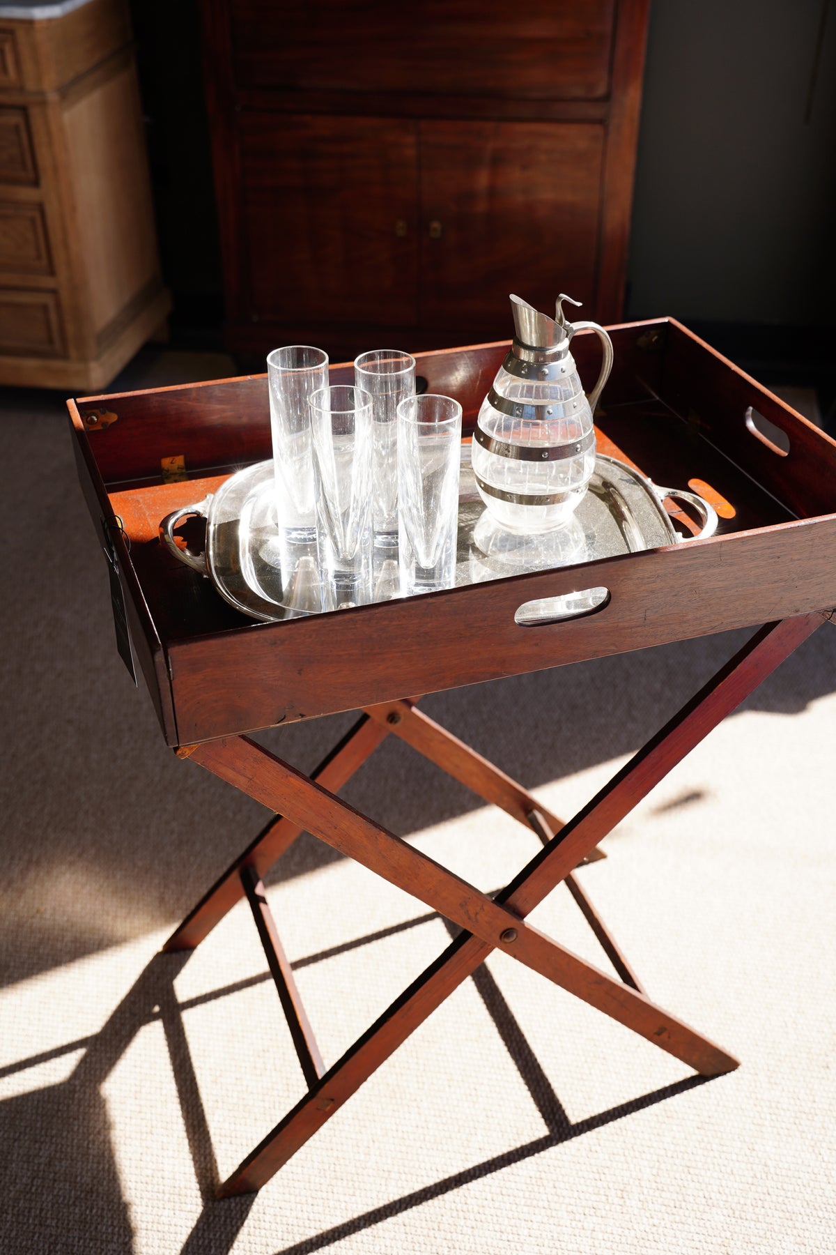 Antique English Campaign Mahogany Butlers Tray Table