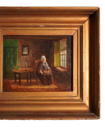 Antique Victorian Interior Scene Oil on Board, Small Antique English Oil Painting