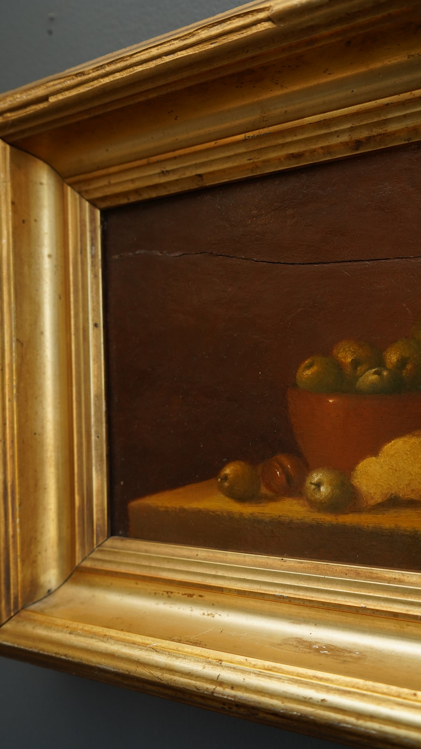 “The Bowl of Apples” by Nicholas Marsh, dated 1958 | English Still Life Oil on Panel in Antique Gilt Frame