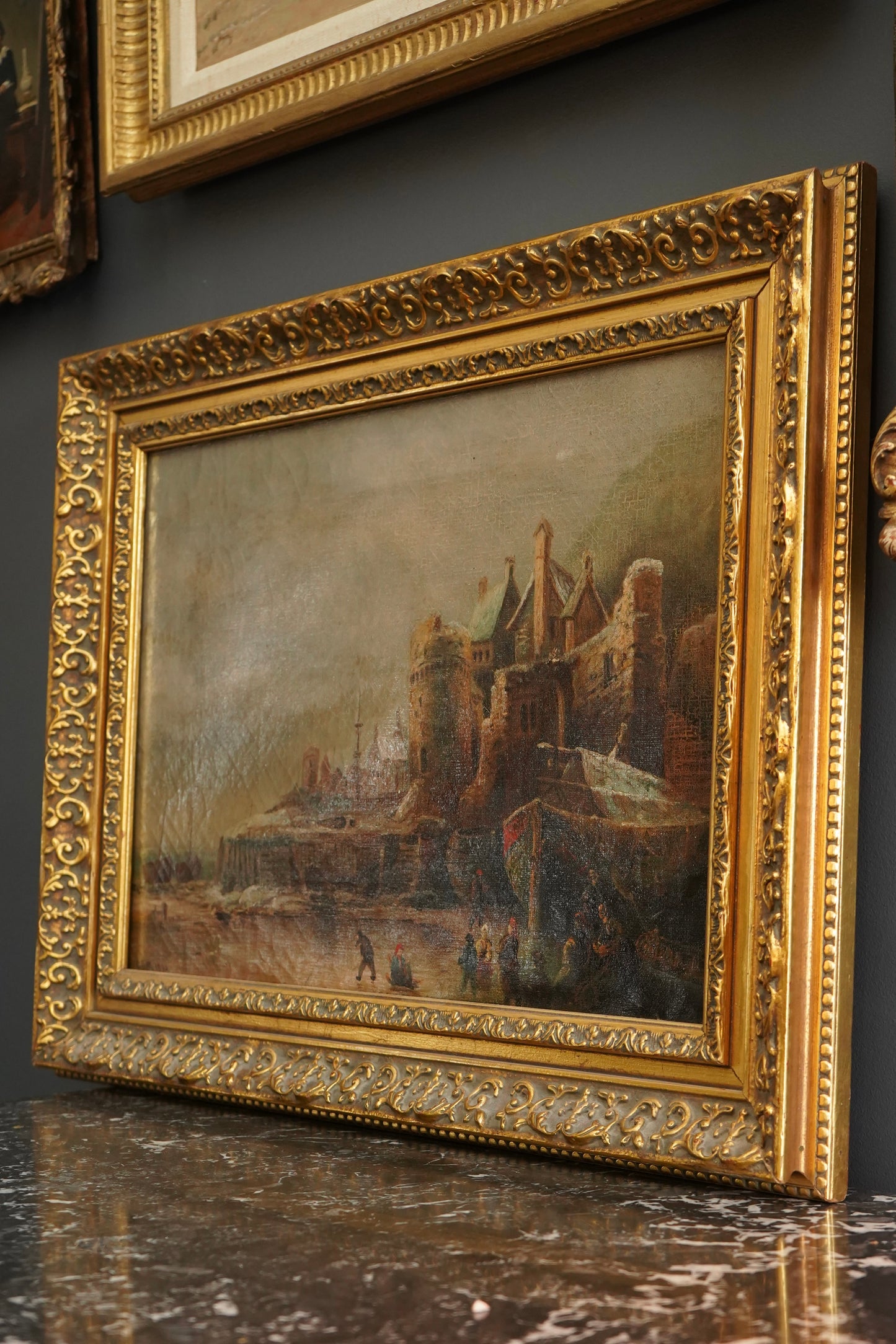1894 Dutch Winterscape Oil Painting with Monogram in Antique Gilt Victorian Frame