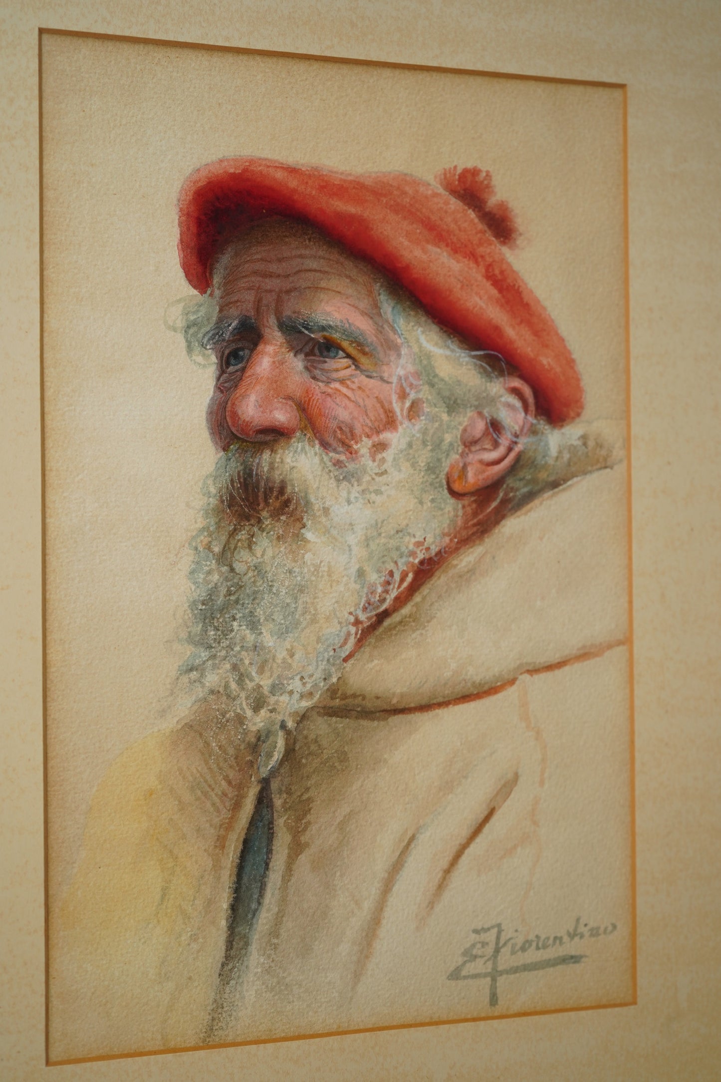 Early 20th Century Watercolor Painting "Portrait of an Italian Man" by Enrico Florentino