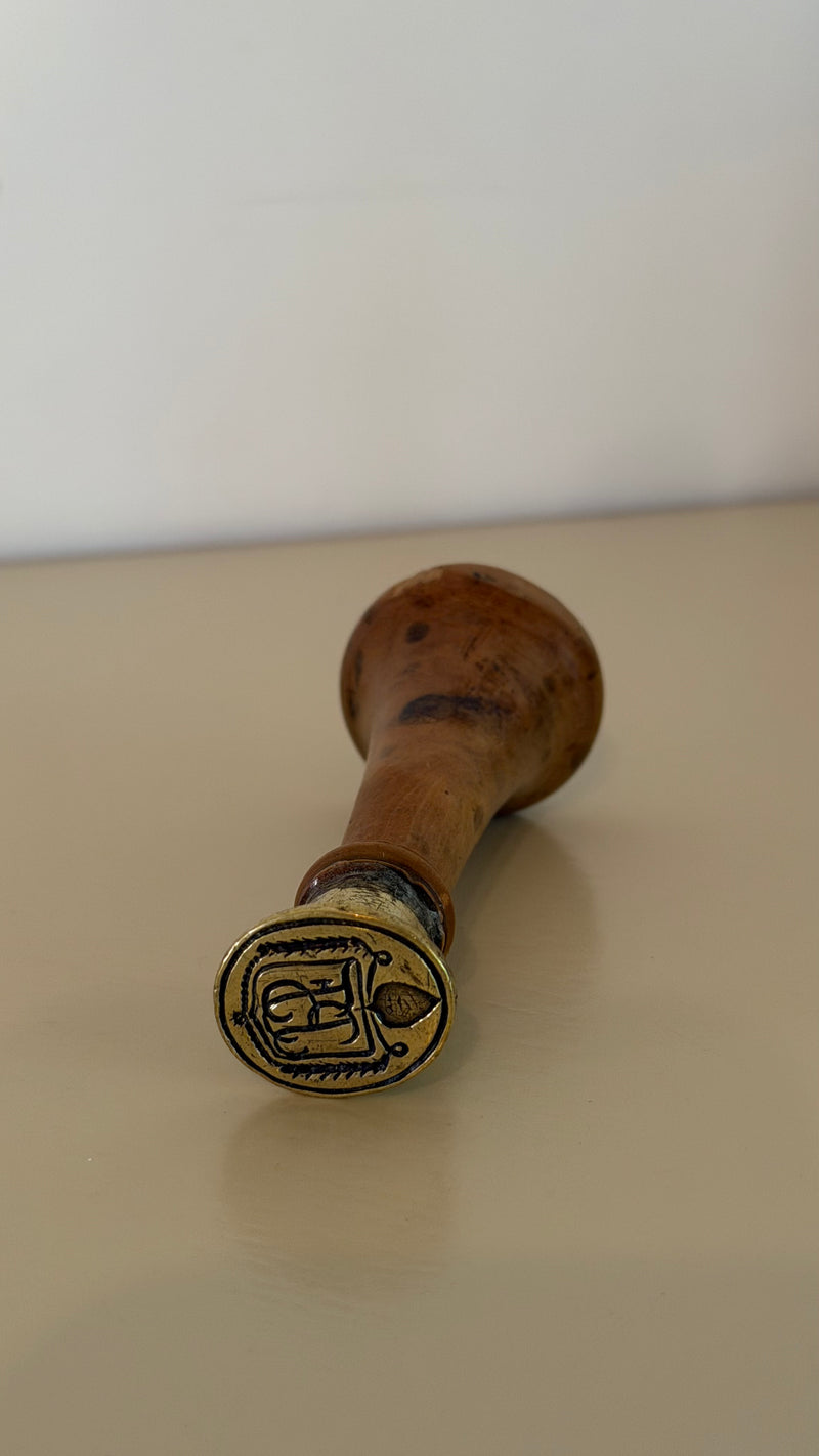 Antique French Armorial Wax Seal Fruitwood Brass Ca. 1880