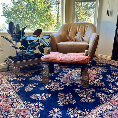 Vintage Middle Eastern Camel Saddle Stool with Embossed Leather Cushion & Brass Accents (c. 1950s)