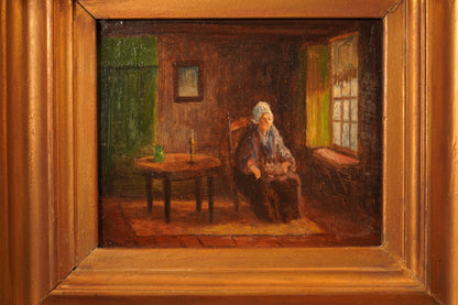 Antique Victorian Interior Scene Oil on Board, Small Antique English Oil Painting