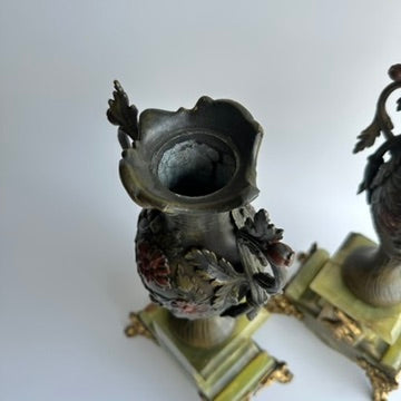 ^ Pair of Antique French Neoclassical Spelter and Onyx Urns with Gilt Brass Accents