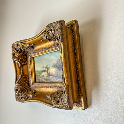 Framed Pastoral Sheep Painting, Vintage Decorative Oil on Board