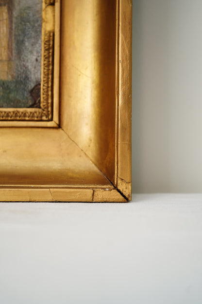 Antique French Genre Oil Painting of Estate Gate and Figures | 19th Century Oil on Canvas