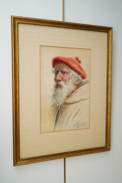Early 20th Century Watercolor Painting "Portrait of an Italian Man" by Enrico Florentino