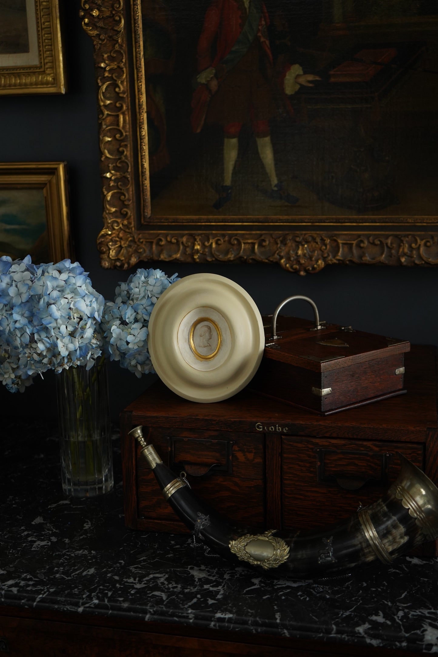 Antique Edwardian Oak & Silver-Plated Two-Compartment Stationery Box with Handle