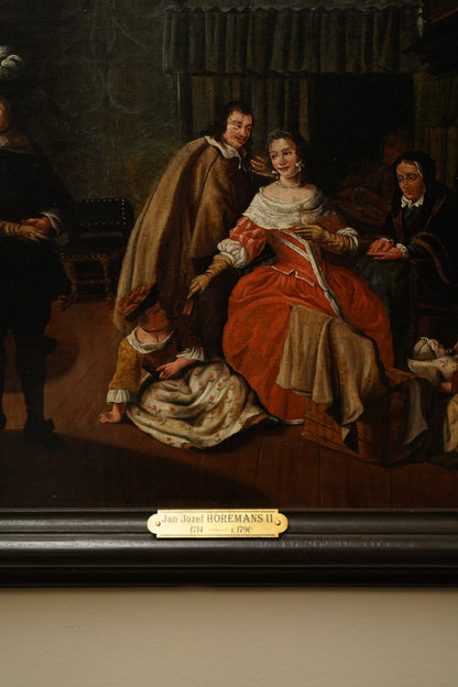 "Meeting in the Parlour" Oil on Canvas Attributed to Jan Josef Horemans (Belgium artist, 1714-1790)
