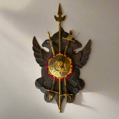 Mid-Century Spanish Toledo Miniature Armory Wall Plaque | Hand-Carved Heraldic Crest with Swords, Shield & Spear