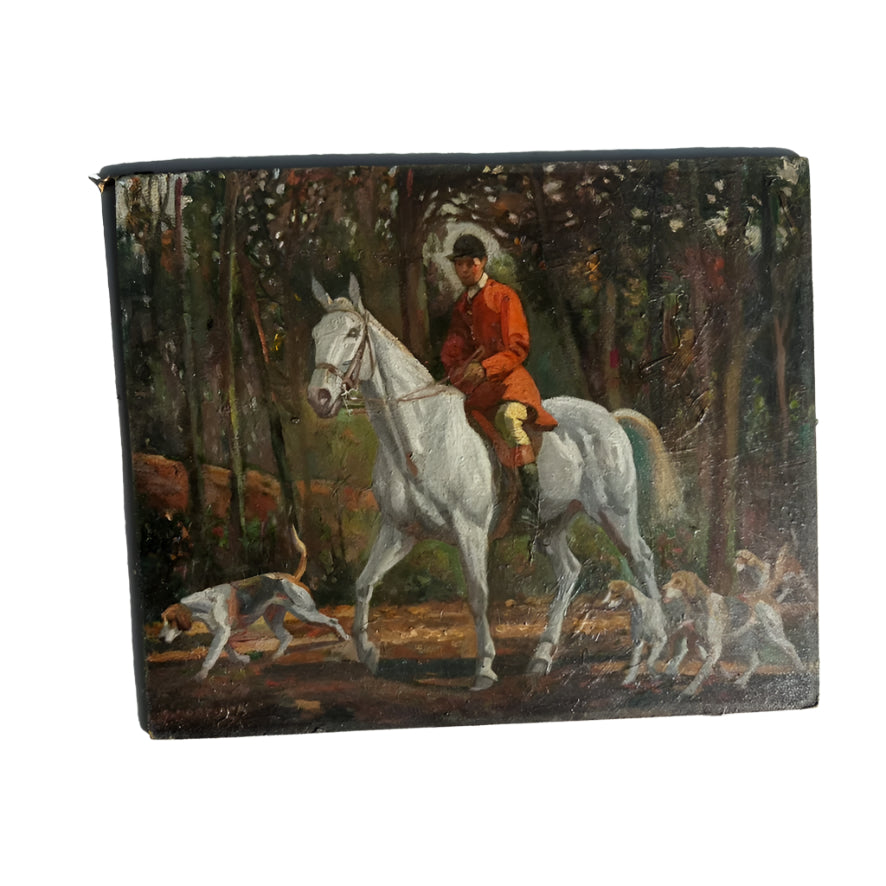 “Fox Hunt” Original British Sporting Art by Geoffrey Mortimer (1895–1986) – Mid 20th-Century British Equestrian Oil Painting in Antique Gilt Frame