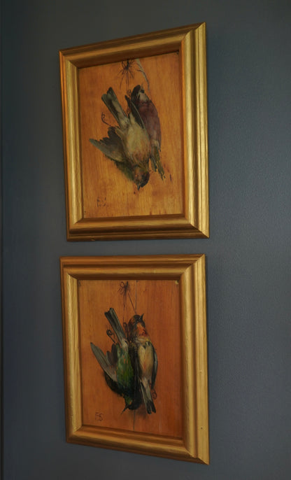 Pair of French “Art Mort” Oil Studies – 1920s Trompe-l’Œil Bird Paintings on Wood Panel, Signed F.S.