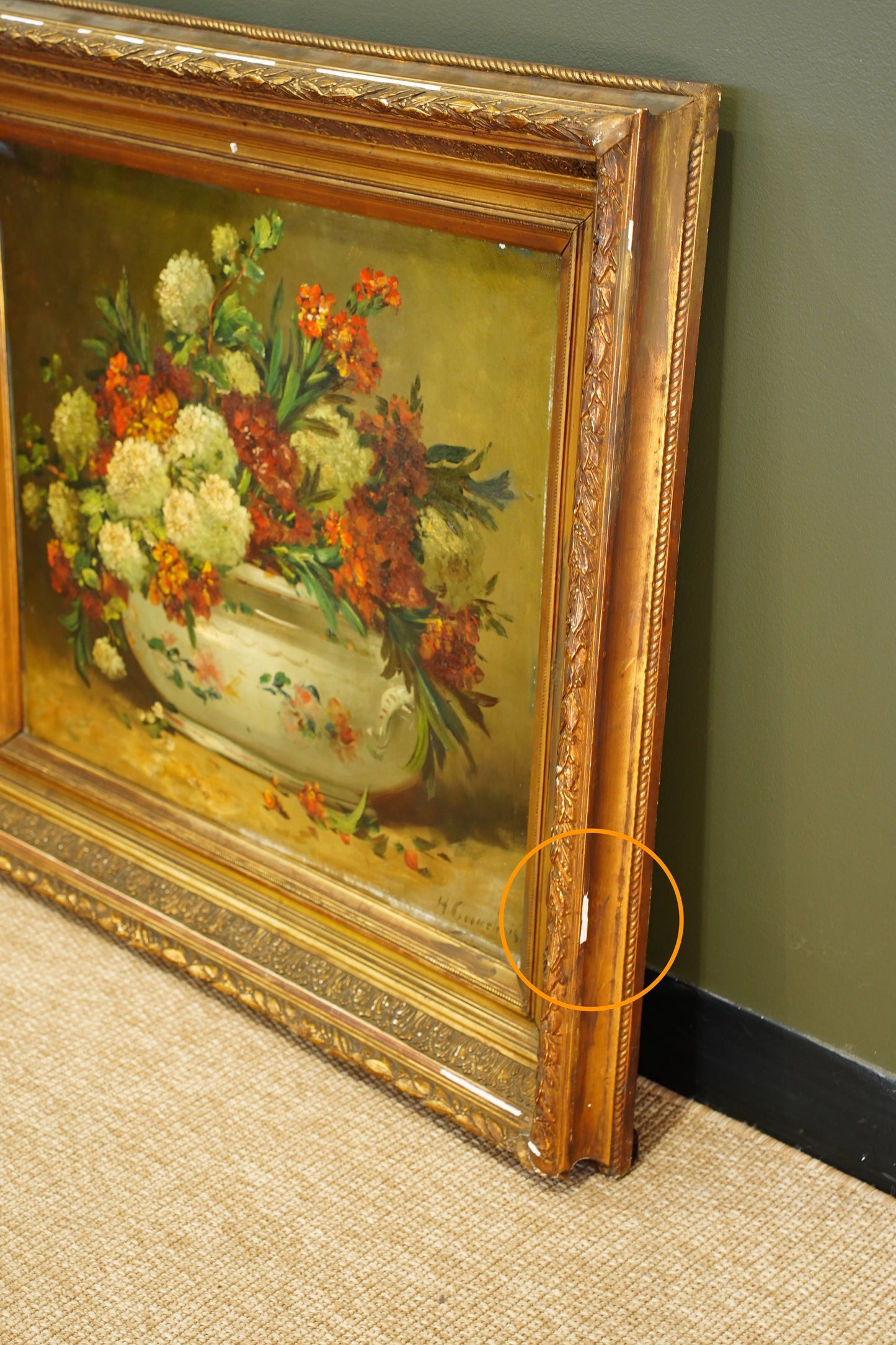 Signed Antique French Oil Painting Floral Still Life in Tureen