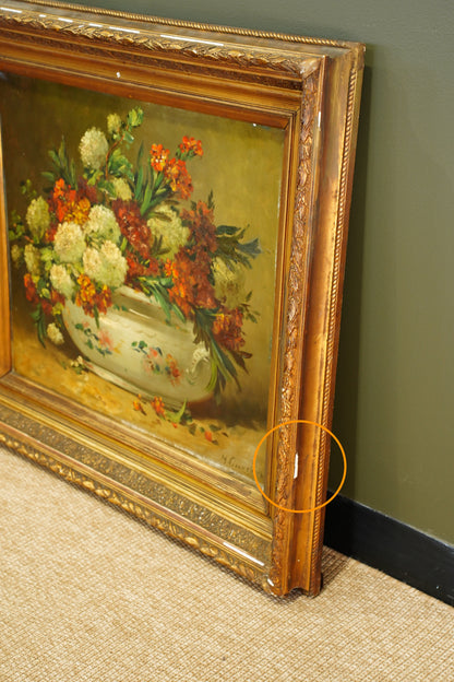 Signed Antique French Oil Painting Floral Still Life in Tureen