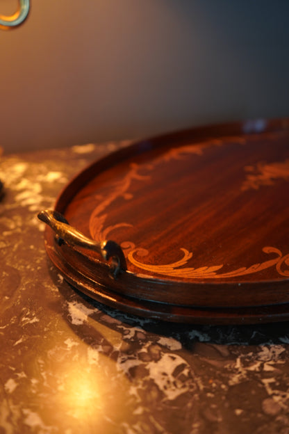 Edwardian Inlaid Mahogany Tray with Marquetry Urn Motif & Brass Handles, c.1900