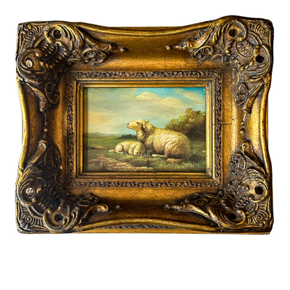 Framed Pastoral Sheep Painting, Vintage Decorative Oil on Board