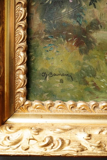 Antique Putti Oil Painting with Lute, Signed Baumann, Classical Garden Scene