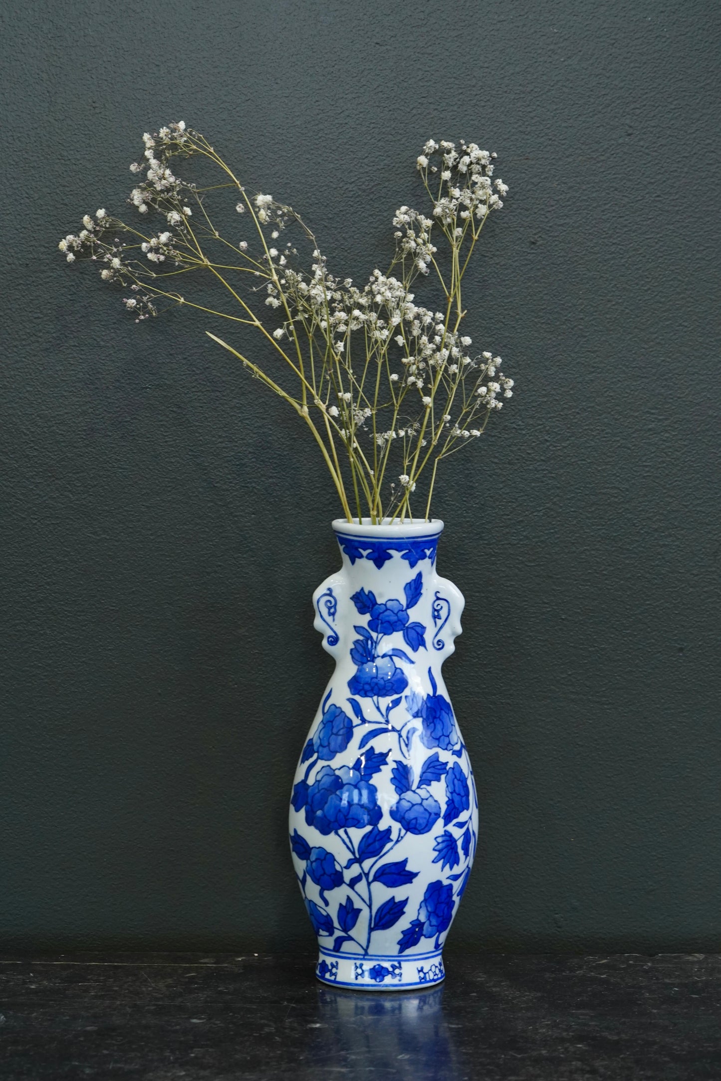 Vintage Blue and White Wall Pocket Vase, Chinoiserie Peony