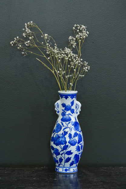 Vintage Blue and White Wall Pocket Vase, Chinoiserie Peony