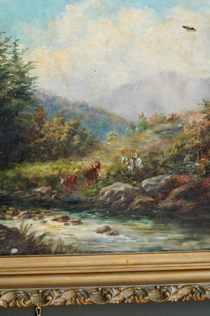 19th Century British River Landscape with Cattle and Drover, Oil on Canvas