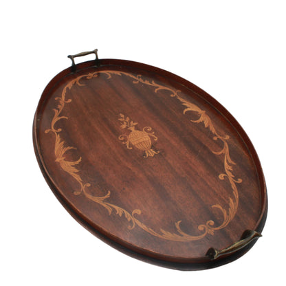 Edwardian Inlaid Mahogany Tray with Marquetry Urn Motif & Brass Handles, c.1900