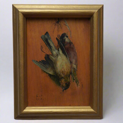 Pair of French “Art Mort” Oil Studies – 1920s Trompe-l’Œil Bird Paintings on Wood Panel, Signed F.S.