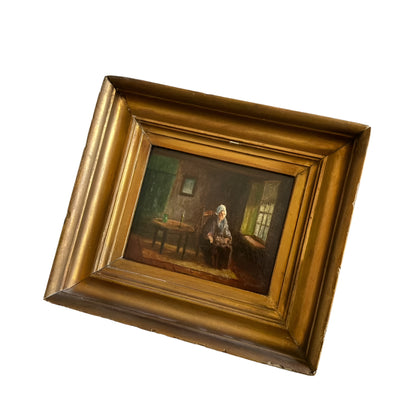 Antique Victorian Interior Scene Oil on Board, Small Antique English Oil Painting