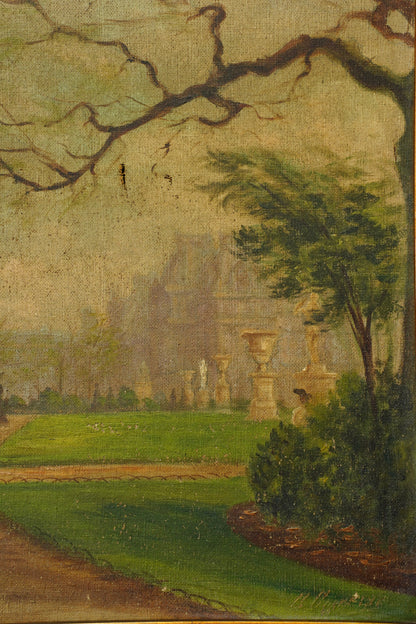 Antique Oil Painting Brussels Park Garden Scene