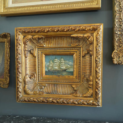 Mid-Century Hand-Painted Maritime Oil on Board in Ornate Carved Frame | American Clipper Ship Scene
