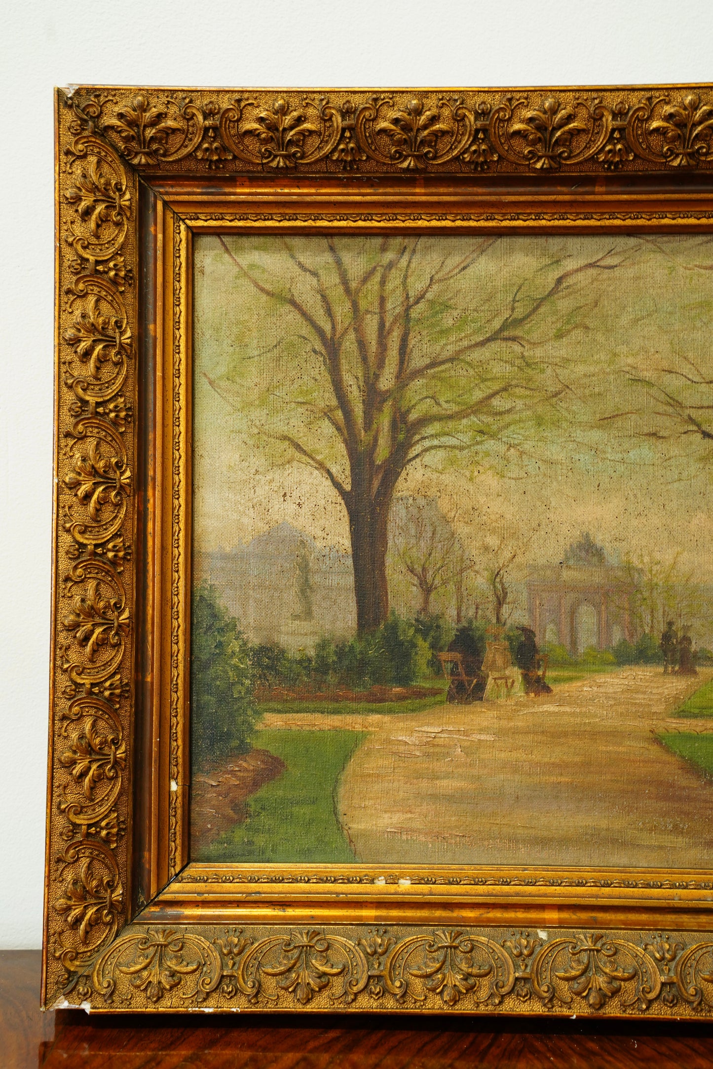 Antique Oil Painting Brussels Park Garden Scene