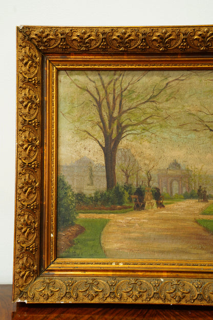 Antique Oil Painting Brussels Park Garden Scene