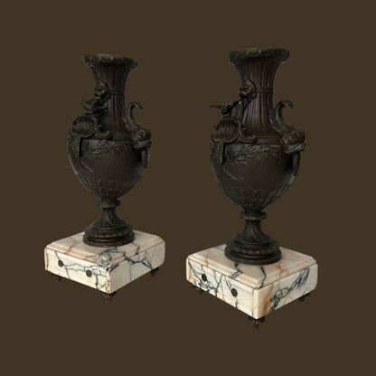 ^ Pair of 19th Century French Napoleon III Style Spelter & Marble Urns