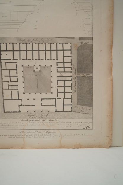 Antique Venetian Architectural Engraving, Fondaco dei Tedeschi Plan, Dionisio Moretti