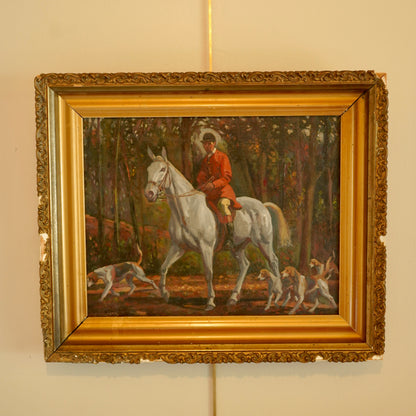 “Fox Hunt” Original British Sporting Art by Geoffrey Mortimer (1895–1986) – Mid 20th-Century British Equestrian Oil Painting in Antique Gilt Frame
